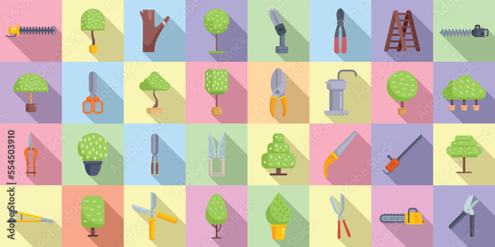 Tree trimming icons set flat vector. Chainsaw tree. Work forest