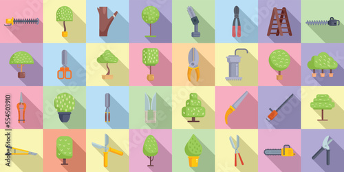 Tree trimming icons set flat vector. Chainsaw tree. Work forest