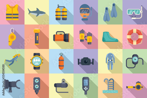 Diving school icons set flat vector. Beach active. Dive exercise