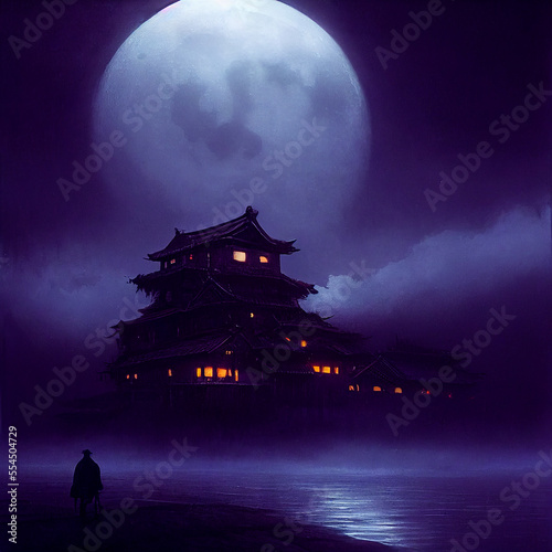 spooky asian castle in the style of japanese and chinese architecture, full moon and night, created with Generative AI