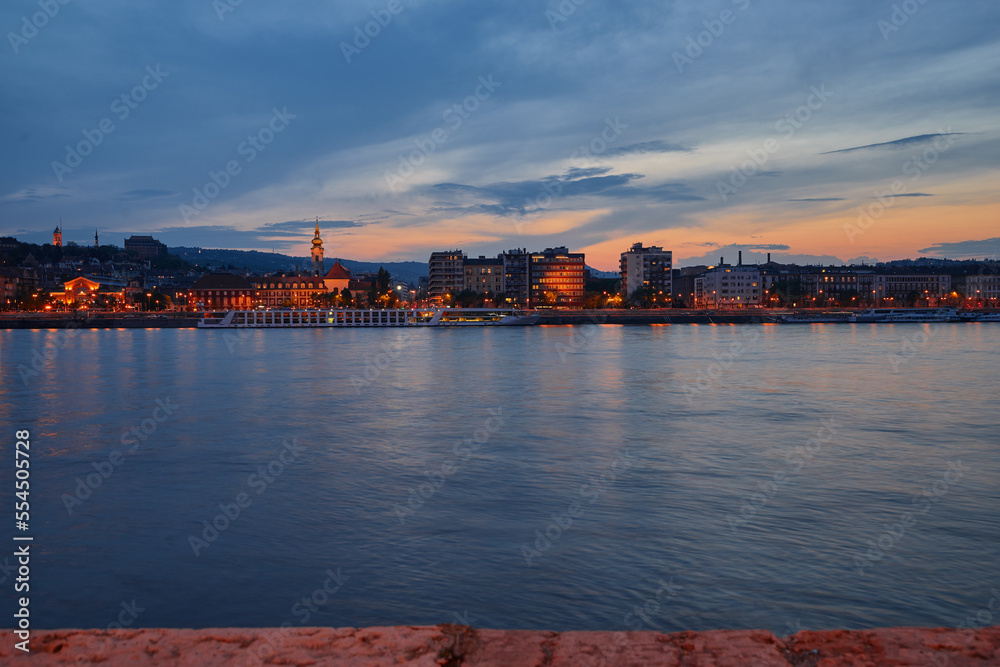 Danube River at blue hour twilight in city of Budapest, Hungary,