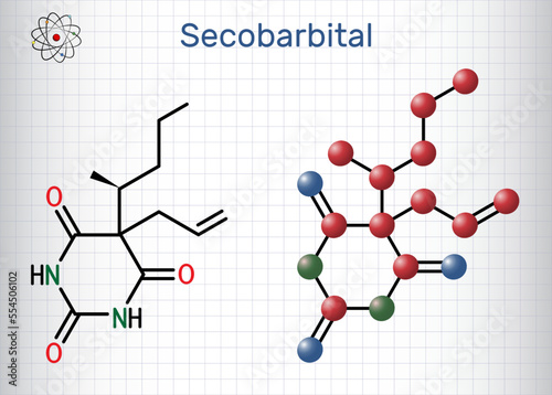 Secobarbital molecule. Barbiturate drug with anaesthetic, anticonvulsant, sedative, hypnotic properties for treatment of insomnia. Sheet of paper in cage.