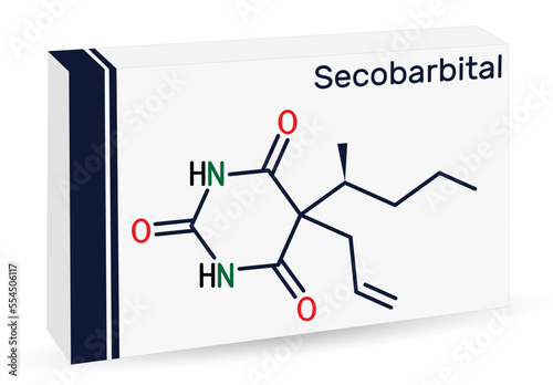 Secobarbital molecule. Barbiturate drug with anaesthetic, anticonvulsant, sedative, hypnotic properties for treatment of insomnia. Skeletal chemical formula. Paper packaging for drugs
