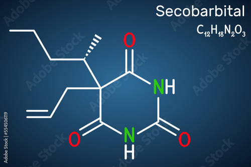 Secobarbital molecule. Barbiturate drug with anaesthetic, anticonvulsant, sedative, hypnotic properties for treatment of insomnia. Structural chemical formula on the dark blue background