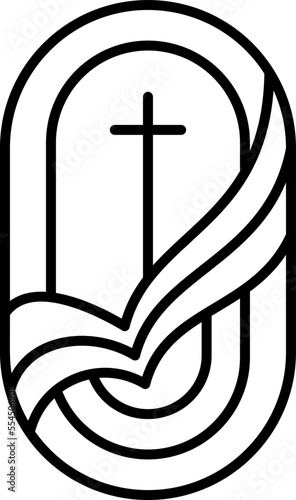 Religion line cross and open book Bible in church. Vector logo icon illustration isolated. Jesus Christ on Calvary is center christianity. God forgiveness and love for people