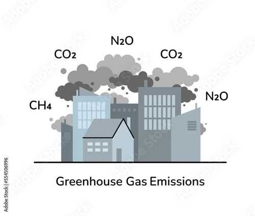 Greenhouse gas emissions vector illustration. Human living, building, city generate different greenhouse fumes: CO2, N2O, CH4. Global warming, climate change, greenhouse effect concept art.