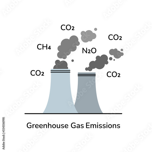 Greenhouse gas emissions flat vector illustration. Industrial plant power station chimneys generate different greenhouse fumes: CO2, CH4, N2O. Global warming, air pollution, climate changes concept.