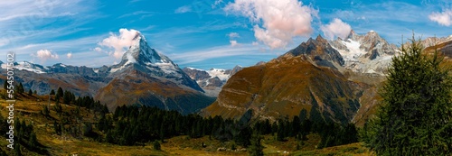 Zermatt Matterhorn with panoramic views in Sunnegga. Five lakes flowers trail. Hiking path.