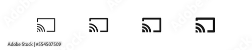 Screen cast icon. Mobile wifi connect to monitor tv signs. Display app symbol. Technology video cast icons. Black color. Vector sign.