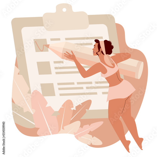 A woman is holding a pencil and complete the questionnaire or checklist. Trendy hand-drawn vector flat cartoon illustration.