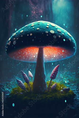 Fantasy mushroom in the forest. Blue, purple and green colors. Luminescent. Generative ai. 