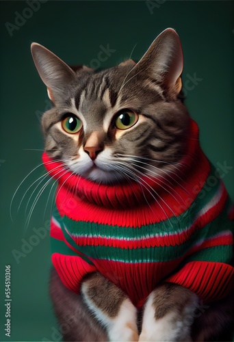 very cute cat in christmas sweather portrait 