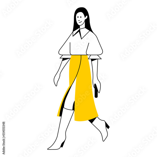 vector flat design trendy linear illustration beautiful stylish woman in long midi skirt. street style, fashion. useful for web, graphic design, print, clothing stores, postcard, poster. 2d people.