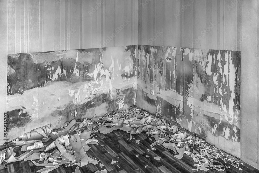 Removing wallpaper from the walls in the apartment. A black and white