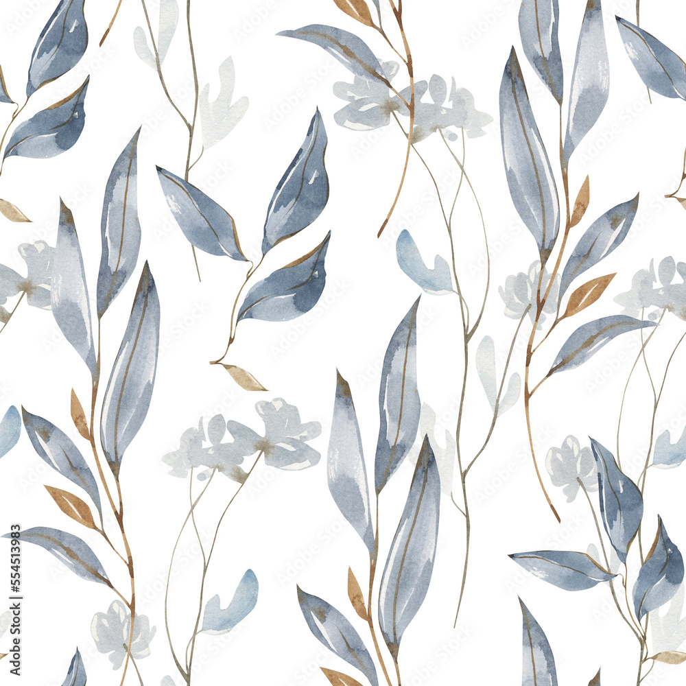 Fototapeta premium Watercolor floral seamless pattern. Snowy digital print.