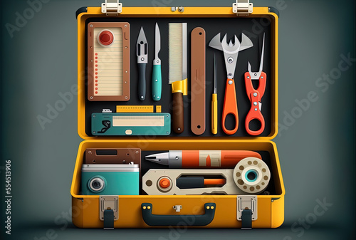 a worker's toolbox. Instruments inside a toolbox. toolbox with hand tools. Workbox with a flat design. Repair building tool sets. tape measure, hammer, and screwdriver. a business illustration in vect