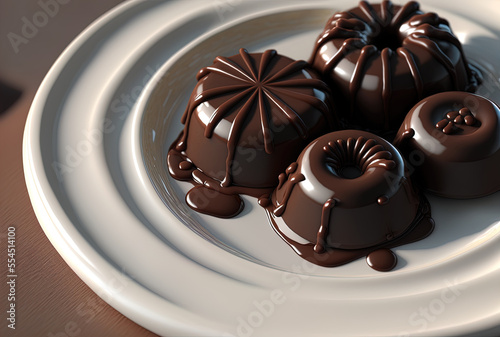 Sweet chocolate sweets up close on a white dish. Generative AI
