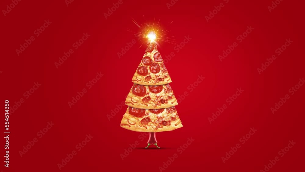 Merry Christmas - Christmas offer pizza slice in shape of Christmas tree isolated on red background. Creative concept for pizza  restaurant brand