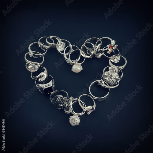 Beautiful jewelry collection witth rings in athe form of a heart on black background. Full size. Set. Kit