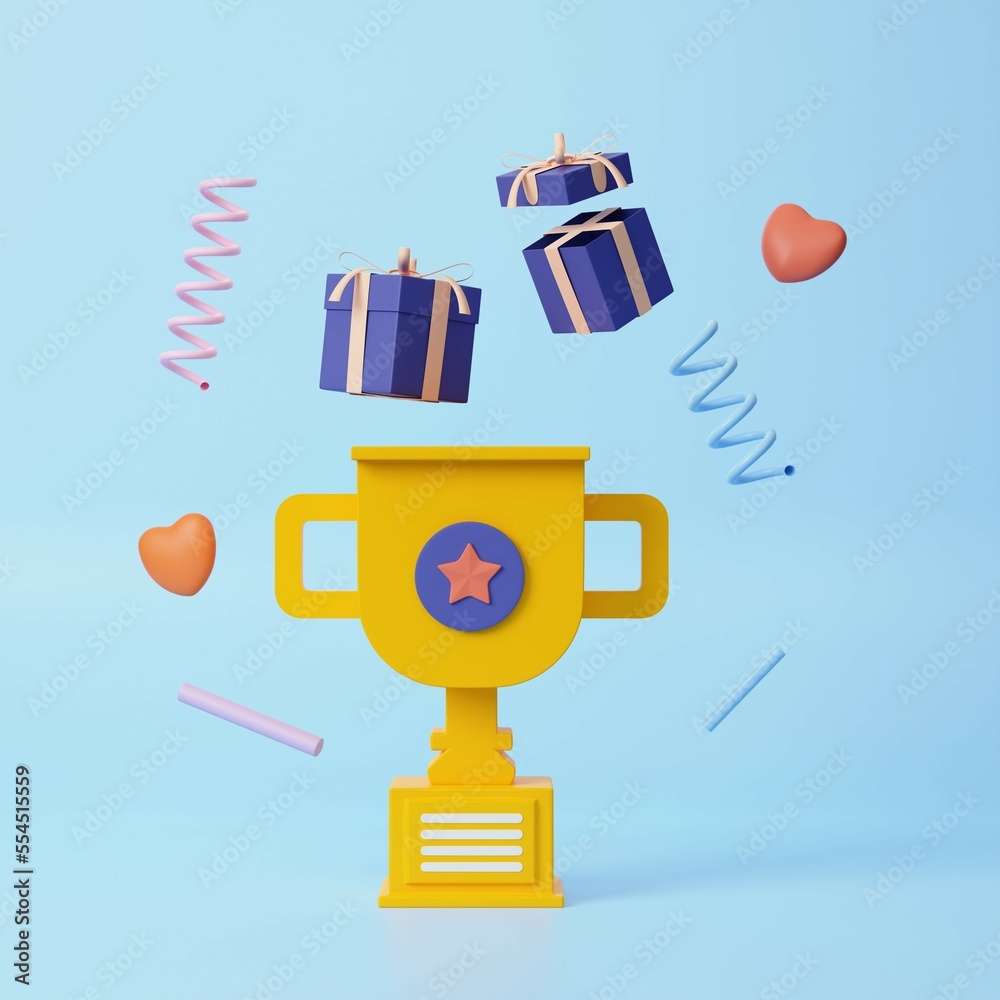 3D Trophy Cup with floating prize, heart, ribbon and geometric shape on blue background, celebration, winner, champion and award concept. 3d render illustration 3D Trophy Cup with floating prize, heart, ribbon and geometric shape on blue background, celebration, winner, champion and award concept. 3d render illustration