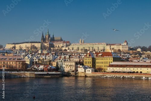 Pague castle from Charles bridge in winter time. Prague.