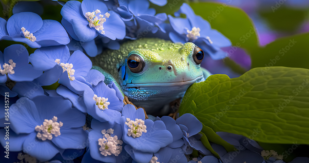 Close-up of a frog in hydrangea flowers. digital art - obrazy, fototapety, plakaty 