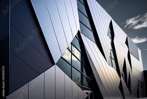 the outer wall of a modern business structure with glass windows and aluminum metal composite panels. Engineered steel frame panels with diagonal cladding cover the futuristic structure. Generative AI photo