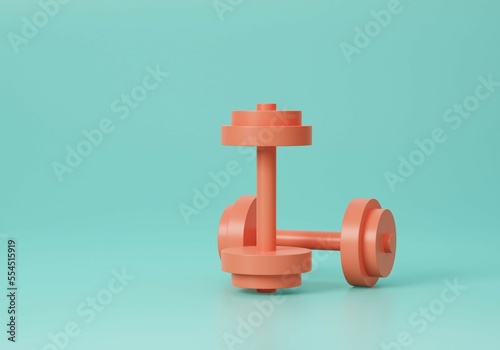 Fitness dumbbells pair. Two Red color rubber or plastic coated dumbbell weights on a Green background. Training workout equipment. Sports and exercises. Losing weight. 3d rendering illustration
