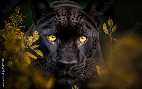 Fototapeta Front view of Panther on dark background. Predator series. digital art	