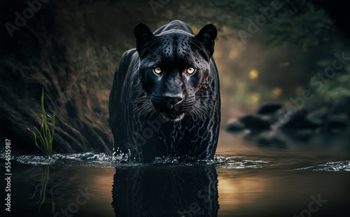 Canvas Print Front view of Panther on dark background