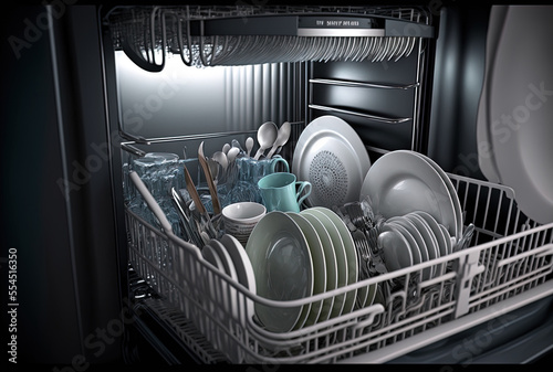 Dishes are stored in the dishwasher after it has been cleaned in an open dishwasher. Generative AI