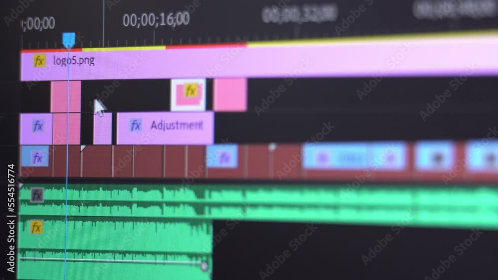 Video editing on computer close up. Computer screen and capture work of program for video editing. Fragments clips are connected together. Video processing, cutting movie, postproduction, clip maker
