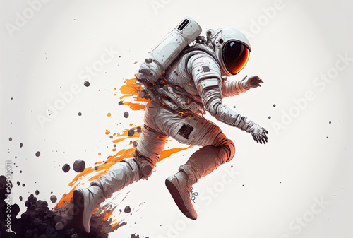 Illustration of an astronaut kicking up against a white backdrop. Generative AI