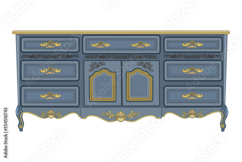 Chest of drawers isolated on white background. Blue wooden commode on little legs.Piece of bedroom furniture and home interior. Dresser or console table for bedroom and living room.Vector illustration