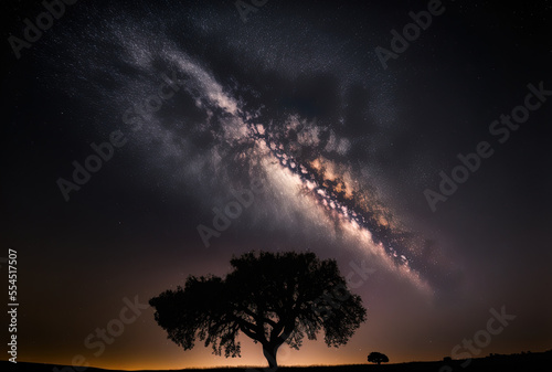 long exposure shot with grain of the milky way and a tree silhouette. Generative AI