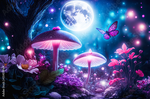 Fantasy enchanted fairy tale forest with magical Mushrooms, fairytale butterflies and huge moon. Magic light. digital art 