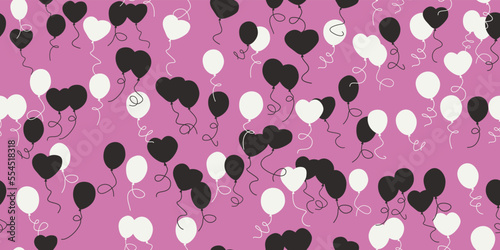 Black and white balloons seamless on pink background. Vector seamless pattern of gift balloons. For print and interior, stylish decoration. 