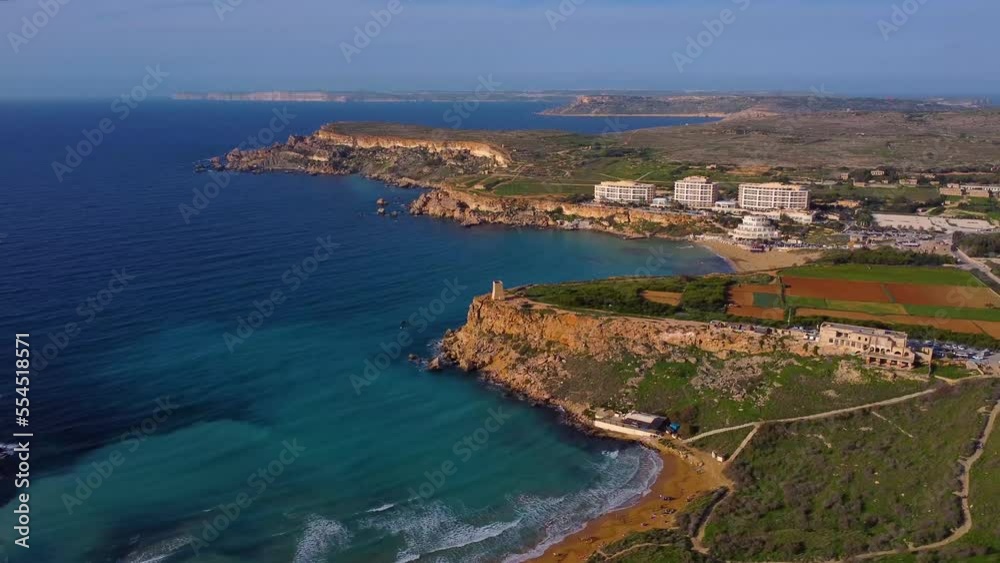 Golden bay and Riviera, drone view, winter time, Malta