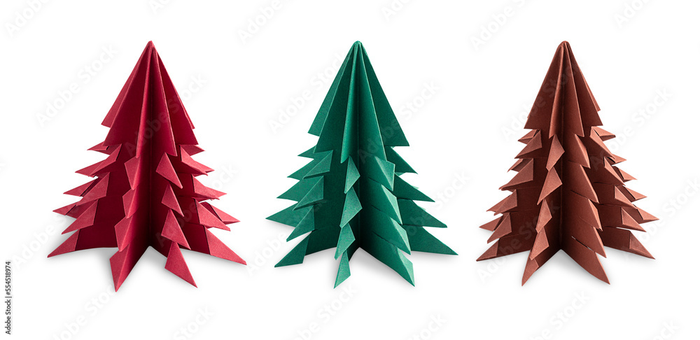 Fototapeta premium Three handmade christmas or new year fir trees made of folded paper in origami technique of magenta red, green and brown colour isolated on white background used as craft gift or home decoration