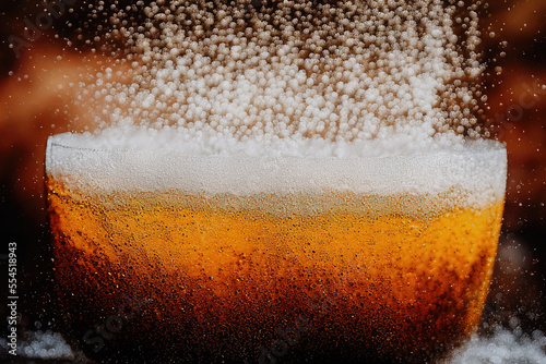 Pouring golden beer into a pint with lots of bubbles and a splash, generative AI
