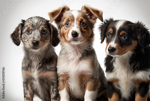 On a white backdrop, three adorable dogs are shown. Generative AI