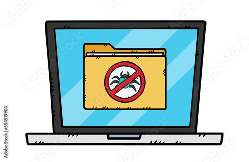 Fototapeta Naklejka Na Ścianę i Meble -  A sign forbidding computer worms and viruses located on a laptop screen. This sign indicates that the antivirus is running. Hand drawn illustration.