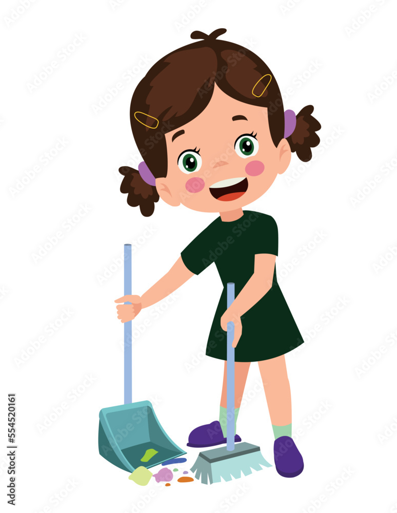 cute little boy cleaning with broom and shovel