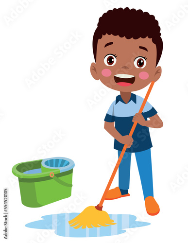 cute little boy cleaning with mop