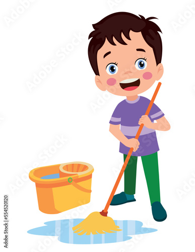 cute little boy cleaning with mop