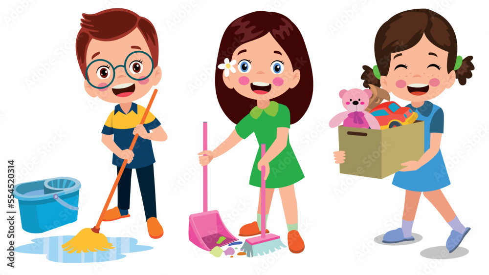 Vector Cartoon kids cleaning at home set Children in various cleaning positions Vector Cartoon kids cleaning at home set Children in various cleaning positions