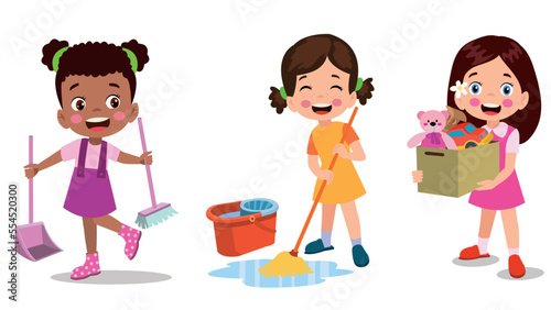 Vector Cartoon kids cleaning at home set Children in various cleaning positions