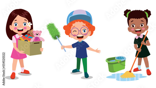 Vector Cartoon kids cleaning at home set Children in various cleaning positions