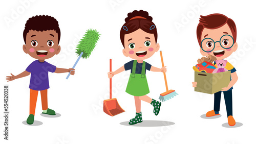 Vector Cartoon kids cleaning at home set Children in various cleaning positions