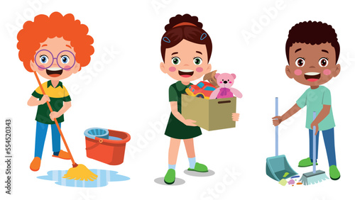 Vector Cartoon kids cleaning at home set Children in various cleaning positions